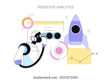 Conceito de inteligência artificial. Robô usando um telescópio ao lado de um foguete representa a análise preditiva nos negócios. Ilustração vetorial.