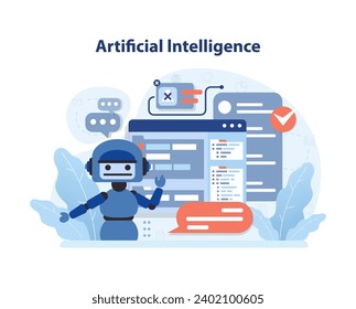 Artificial Intelligence concept. Robotic assistant presents data analysis and machine learning solutions. Streamlining tasks with AI technology. Flat vector illustration.