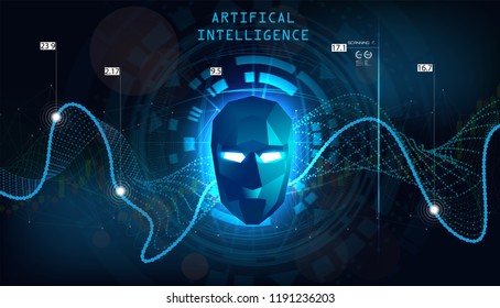 Artificial Intelligence concept. Robotic computer Intellect and machine learning cyber mind. Cyber head (Ai) illustration. Data processing, analysis and calculation. Vector