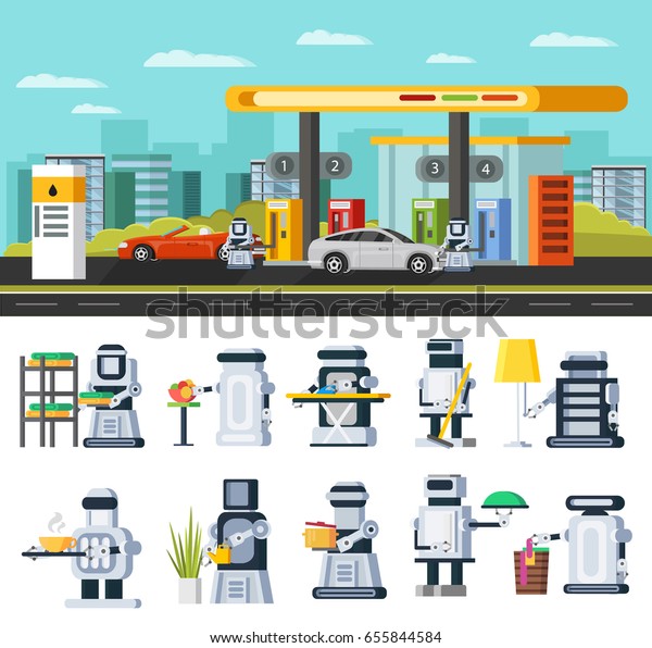 Artificial intelligence concept with robots\
refuelling cars at gas station and cyborgs replacing people in\
housekeeping work vector\
illustration