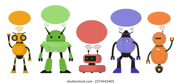 Artificial intelligence concept, set of robots with chat bubbles. Cartoon flat style isolated characters. Business assistant chat, company mascot, online communication vector illustration