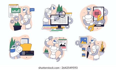 Conceito de inteligência artificial definido para design da Web. Coleta com assistente de pessoas analisando dados, informações de pesquisa, gera imagens, mais. Ilustração de vetor plano isolada em fundo branco.