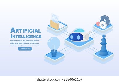 Artificial intelligence concept showing the brain of a robot containing various document files. Related to strategy, tactics, innovation, and other aspects of AI. Isometric vector illustration.