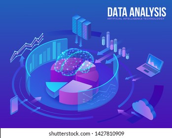 Artificial Intelligence Concept, Smart Data Analysis Center, Brain Icon, Digital Technology In Finance, Server, Computer Network, Cloud Symbol, Big Research Isometric Illustration, 3d Background