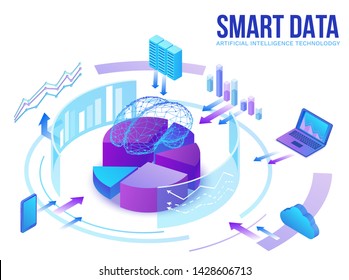 Artificial intelligence concept, smart data analysis center, brain icon, digital technology in finance, server, computer network, cloud symbol, big research isometric illustration, 3d background