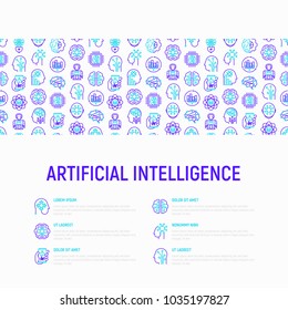 Artificial intelligence concept with thin line icons: robot, brain, machine learning, marketing analytics, cpu, chip, voice assistant. Modern vector illustration for banner, web page, print media.