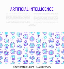 Artificial intelligence concept with thin line icons: robot, brain, machine learning, marketing analytics, cpu, chip, voice assistant. Modern vector illustration for banner, web page, print media.