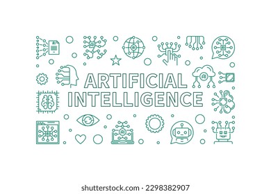 Artificial Intelligence concept thin line horizontal creative banner. Vector AI Technology modern illustration in outline style
