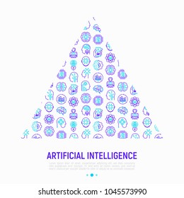 Artificial intelligence concept in triangle with thin line icons: robot, brain, machine learning, marketing analytics, cpu, chip, voice assistant. Modern vector illustration for print media, banner.