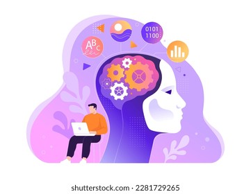 Artificial Intelligence concept. Vector cartoon illustration in a flat style of a robot head in profile generates various tasks, which is controlled by a person from a laptop. Isolated on background