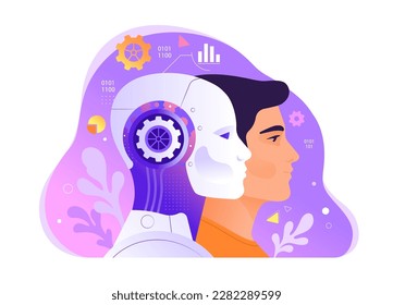 Artificial Intelligence concept. Vector cartoon illustration in a flat style of a robot and human head in profile generates various tasks.  Isolated on abstract background