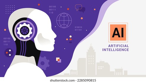 Artificial Intelligence concept. Vector cartoon illustration in a flat style of a robot head in profile generates various tasks. Isolated on abstract contrast white and blue background with text