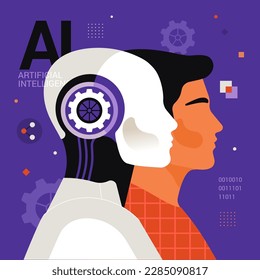 Artificial Intelligence concept. Vector cartoon illustration in a flat simplified style of a robot and human heads in profile. Isolated on dark blue background with gears, programming codes, etc.