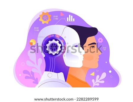 Artificial Intelligence concept. Vector cartoon illustration in a flat style of a robot and human head in profile generates various tasks.  Isolated on abstract background