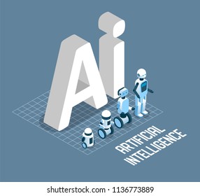 Artificial intelligence concept vector isometric illustration. AI letters and robot machines symbols for poster, banner etc.