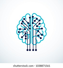 Artificial intelligence concept vector logo design, digital mind and smartness. Human anatomical brain inside of light bulb with electronics technology elements icon. Smart software, futuristic idea.