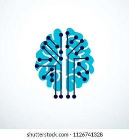 Artificial intelligence concept vector logo design, digital mind and smartness. Human anatomical brain inside of light bulb with electronics technology elements icon. Smart software, futuristic idea.