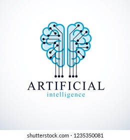 Artificial intelligence concept vector logo design. Human anatomical brain with electronics technology elements icon. Smart software, futuristic idea of intelligent machines and computer programs.