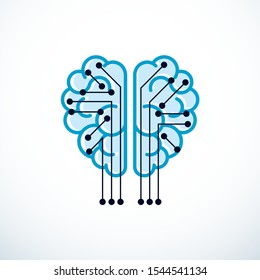 Artificial intelligence concept vector logo design, digital mind and smartness. Human anatomical brain inside of light bulb with electronics technology elements icon. Smart software, futuristic idea.