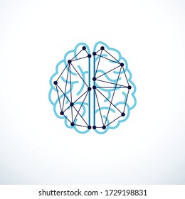 Artificial intelligence concept vector logo design, digital mind and smartness. Human anatomical brain inside of light bulb with electronics technology elements icon. Smart software, futuristic idea.