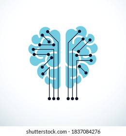 Artificial intelligence concept vector logo design, digital mind and smartness. Human anatomical brain inside of light bulb with electronics technology elements icon. Smart software, futuristic idea.