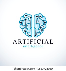 Artificial intelligence concept vector logo design. Human anatomical brain with electronics technology elements icon. Smart software, futuristic idea of intelligent machines and computer programs.