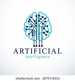 Artificial intelligence concept vector logo design. Human anatomical brain with electronics technology elements icon. Smart software, futuristic idea of intelligent machines and computer programs.