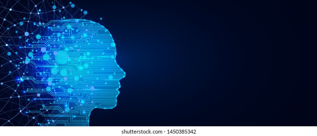 Artificial intelligence concept. Virtual technology web background. Machine learning and cyber mind domination concept in form of women face. AI in humanoid head with neural network thinks.