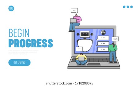 Artificial intelligence Concept. Website Landing Page. Developers Programming Conversation Scenario With Chatbot. People Ask Chatbot Question. Web Page Cartoon Linear Outline Flat Vector Illustration