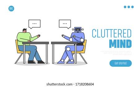 Artificial intelligence Concept. Website Landing Page. Developer Is Chatting With Chatbot. Specialist Making Tests Of Questions Answers. Web Page Cartoon Linear Outline Flat Style Vector Illustration