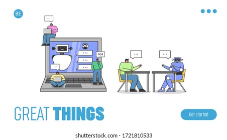 Artificial intelligence Concept. Website Landing Page. People Programming Conversation Scenario With Chatbot And Testing It On Robot. Web Page Cartoon Linear Outline Flat Style. Vector Illustration