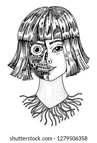 Artificial intelligence concept. A woman with half the face of a robot. Replicant or Android. Hand drawn Future technology. Vintage Engraved Monochrome Sketch.