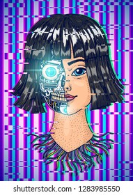 Artificial intelligence concept. A woman with half the face of a robot. Replicant or Android. Glitch background. Hand drawn Future technology. Vintage Engraved Monochrome Sketch.