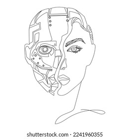 Concepto de inteligencia artificial.Cabeza del robot con la mitad de la ilustración del vector de línea de cara femenina.Tecnología y máquina del futuro.Conexión de circuito electrónico.Educación inteligente de la mente cibernética.Negro y blanco 