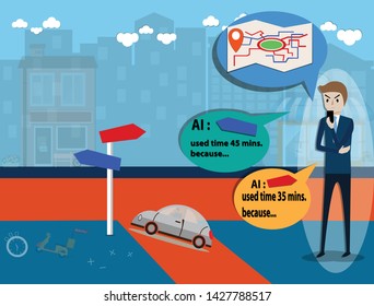 Artificial intelligence concept,Man use mobile application for travel planning - vector Illustration