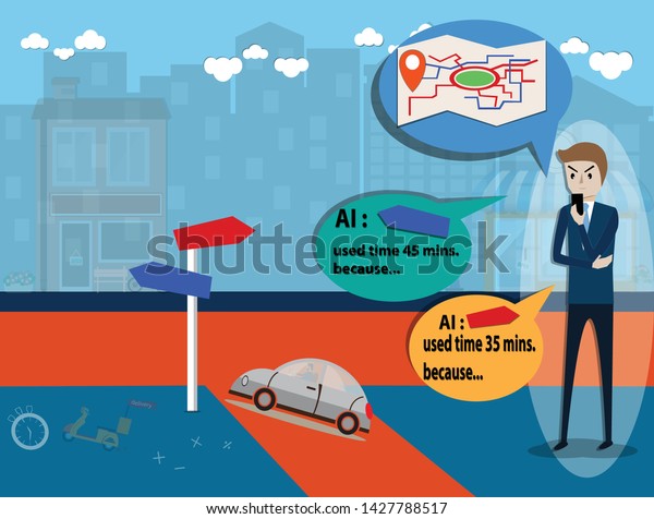 Artificial intelligence concept,Man\
use mobile application for travel planning - vector\
Illustration
