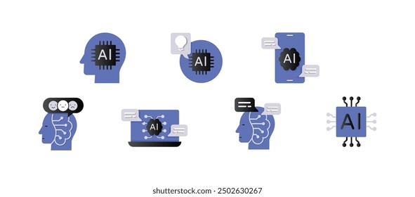 Conceptos de inteligencia artificial: cabeza de IA, red neuronal y juego de iconos de chip de aprendizaje automático