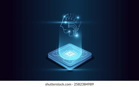 Artificial intelligence concepts, a futuristic representation of artificial intelligence, with a glowing microchip at the base emitting a holographic human head.