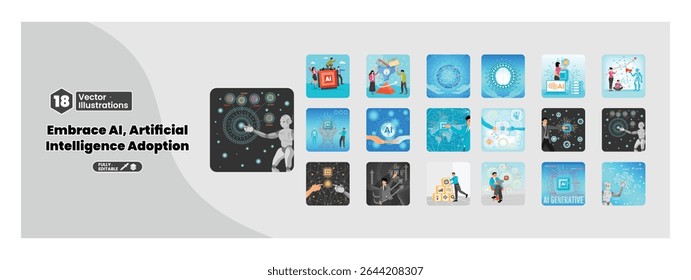 Conceitos de inteligência artificial. Pessoas que usam IA para ajudar e apoiar o sucesso no trabalho, colaboração entre humanos e IA, IA generativa e tecnologias futuristas. Mega set.