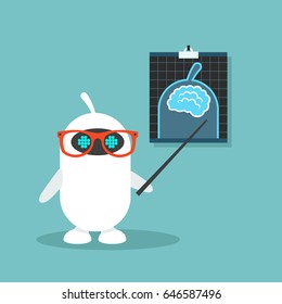 Artificial intelligence conceptual illustration. Cute robot pointing at the x-ray image / flat editable vector illustration, clip art