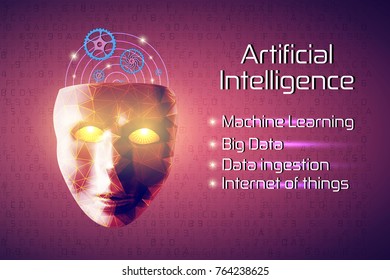 Artificial intelligence conceptual illustration with futuristic glowing face and technology background