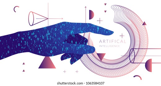 Artificial intelligence. Conceptual illustration on the theme of digital technologies, Image of human hand. Vector graphics