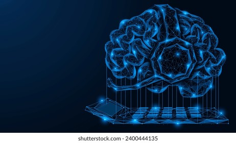 La inteligencia artificial realiza análisis de datos computacionales. El cerebro está usando auriculares con micrófono encima de la calculadora.