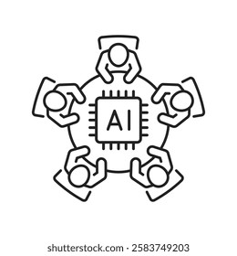artificial intelligence conference seminar forum clip art icon symbol, group of people sitting around table talking about new technologies, isolated linear vector illustration, editable stroke