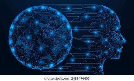 Artificial intelligence is connected to a global digital network.  Polygonal design of interconnected lines and dots. Blue background.
