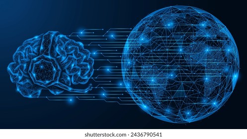 Artificial intelligence is connected to a global network. The brain is wearing headphones with a microphone in front of planet Earth. Polygonal design of interconnected lines and dots.
