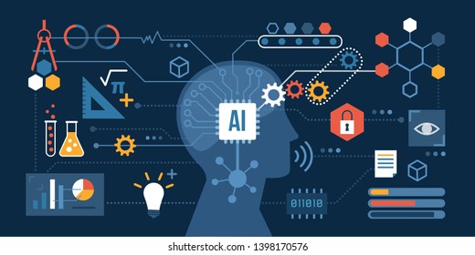 Artificial Intelligence Connected To A Network Of Icons: Problem Solving, Decision Making And Productivity Concept