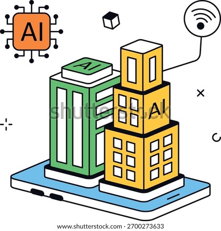 Artificial intelligence connects buildings via wireless network. Futuristic city powered by AI. Perfect for technology, smart city, and communication projects. isometric flat vector illustration.