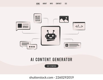 Artificial Intelligence Content Generator and AI writer bot. AI create content for e-commerce websites, articles, advertising, chatbots, create image from text. Flat design landing page template