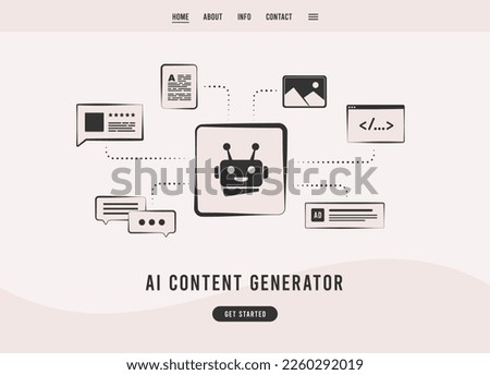 Artificial Intelligence Content Generator and AI writer bot. AI create content for e-commerce websites, articles, advertising, chatbots, create image from text. Flat design landing page template